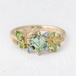 Flora’s Foliage | Mint Green Tourmaline & Birthstone Leaf Engagement Ring