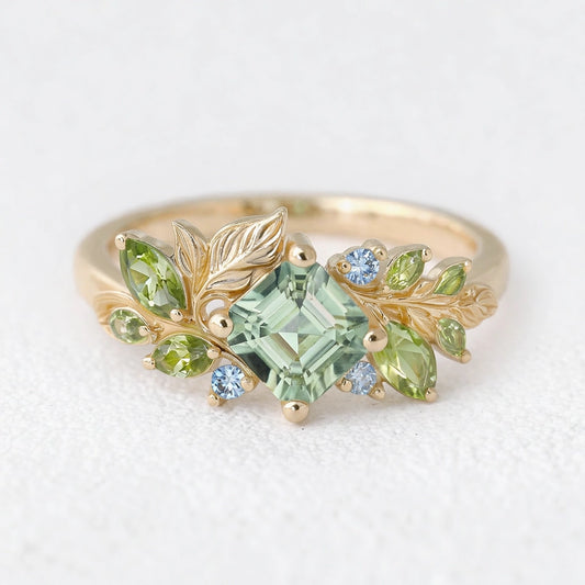 Flora’s Foliage | Mint Green Tourmaline & Birthstone Leaf Engagement Ring.