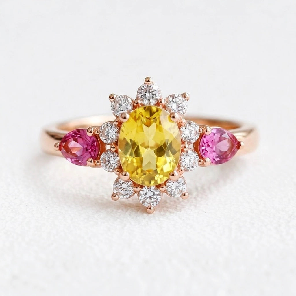 Aurora’s Radiance | Oval Yellow Sapphire Halo Engagement Ring.