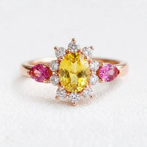 Aurora’s Radiance | Oval Yellow Sapphire Halo Engagement Ring.