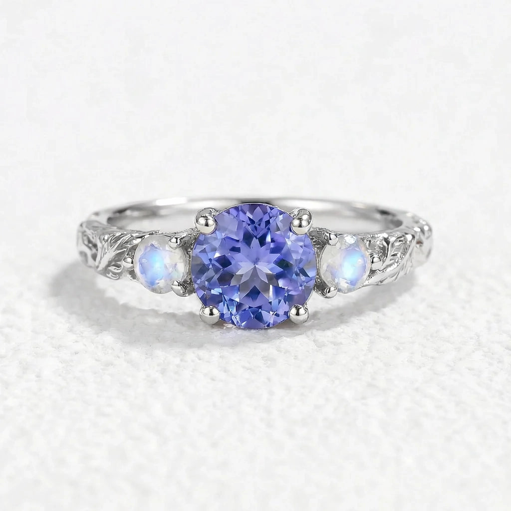 Selene’s Deep | Round Tanzanite & Moonstone Cluster Ring.