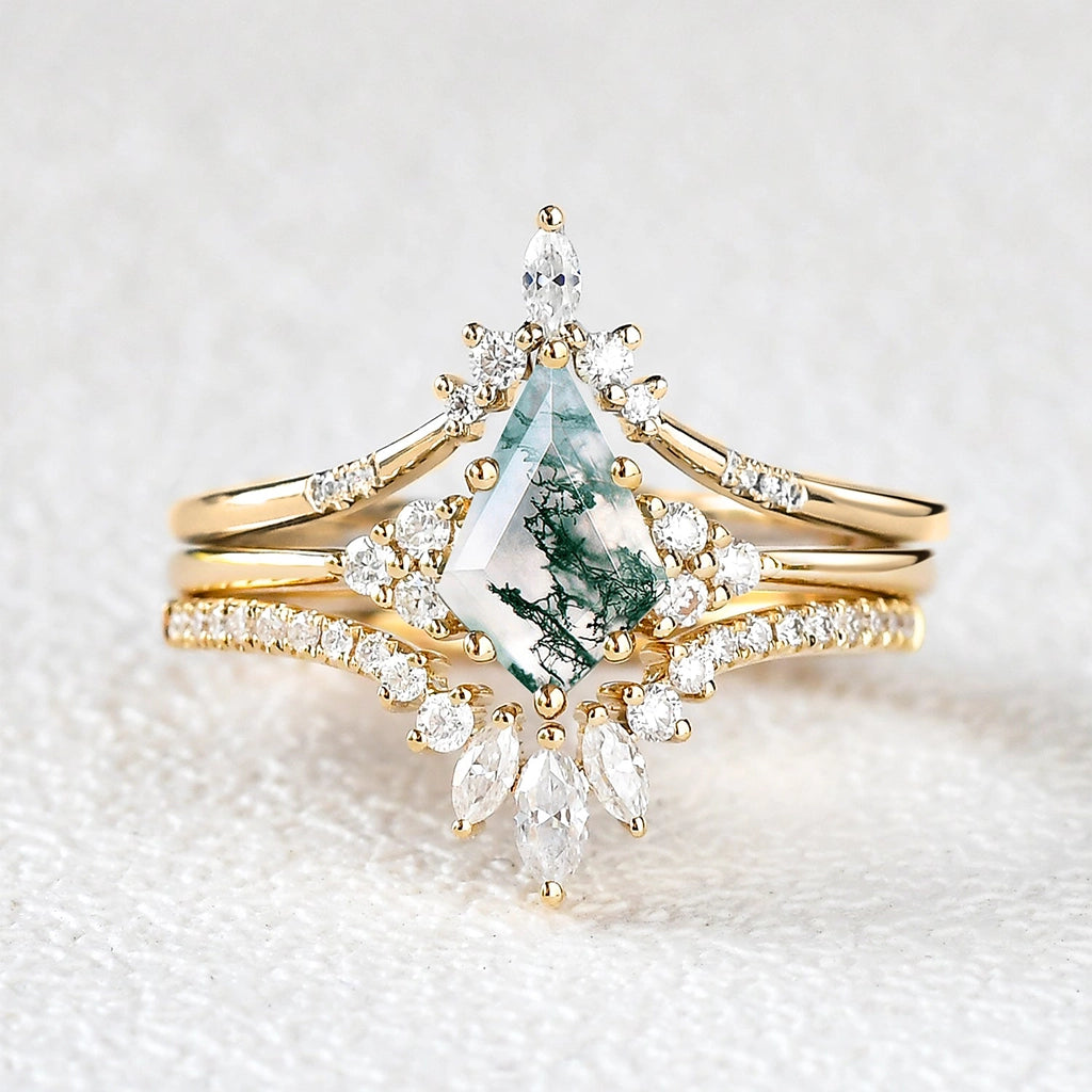 Vivienne’s Trilogy | Vintage Kite Cut Moss Agate Bridal Set 3pcs.