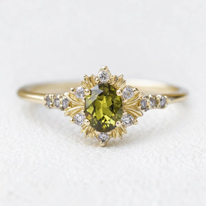 Rosalind’s Amber | 1CT Oval Cut Olive Yellow Sapphire Halo Engagement Ring