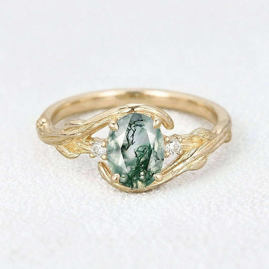 Oval Cut Moss Agate Branches Vintage Engagement Ring.