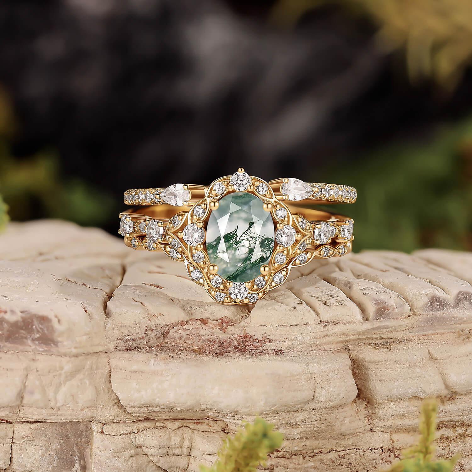 Unique Oval Cut Moss Agate Cluster Engagement Ring Set 3pcs.