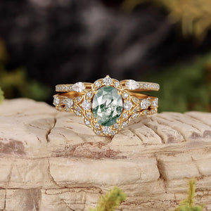 Unique Oval Cut Moss Agate Cluster Engagement Ring Set 3pcs.