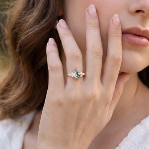 Sylvie’s Glade | Kite Cut Moss Agate Three-Stone Engagement Ring