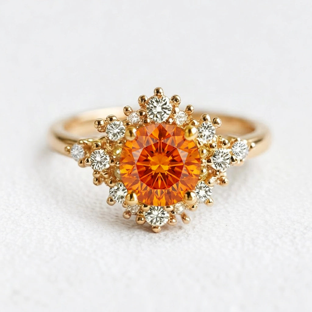 Vivienne’s Amber | Round Cut Orange Sapphire Halo Engagement Ring