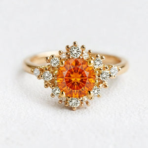 Vivienne’s Amber | Round Cut Orange Sapphire Halo Engagement Ring