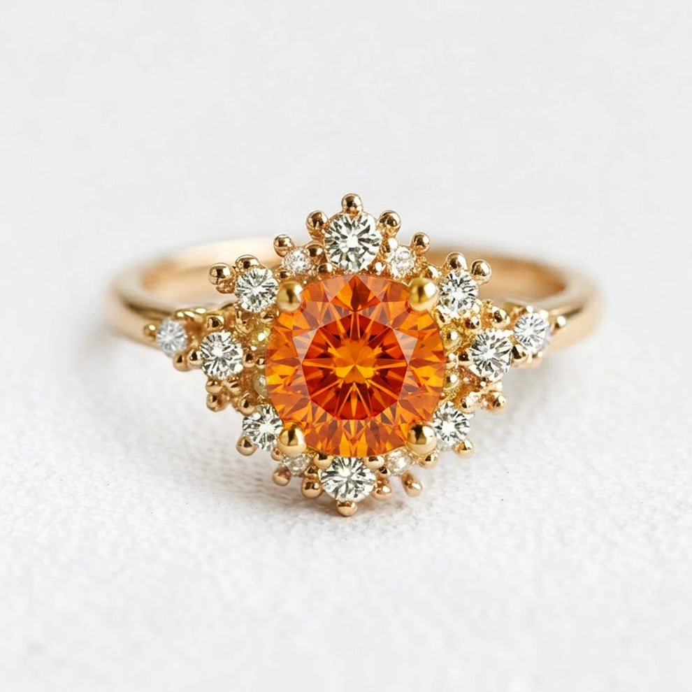Vivienne’s Amber | Round Cut Orange Sapphire Halo Engagement Ring
