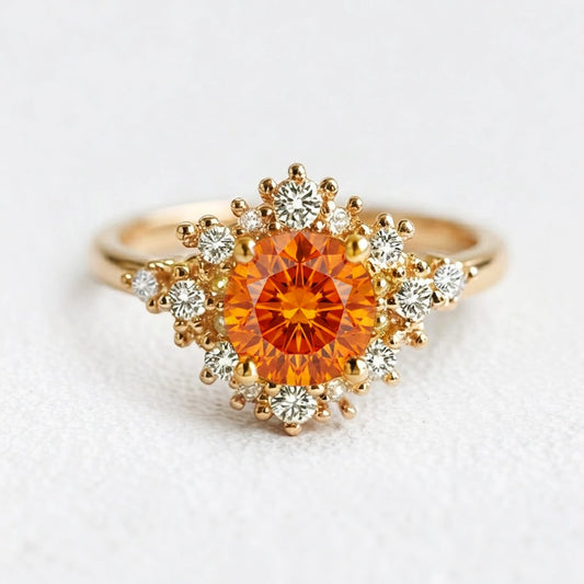 Vivienne’s Amber | Round Cut Orange Sapphire Halo Engagement Ring