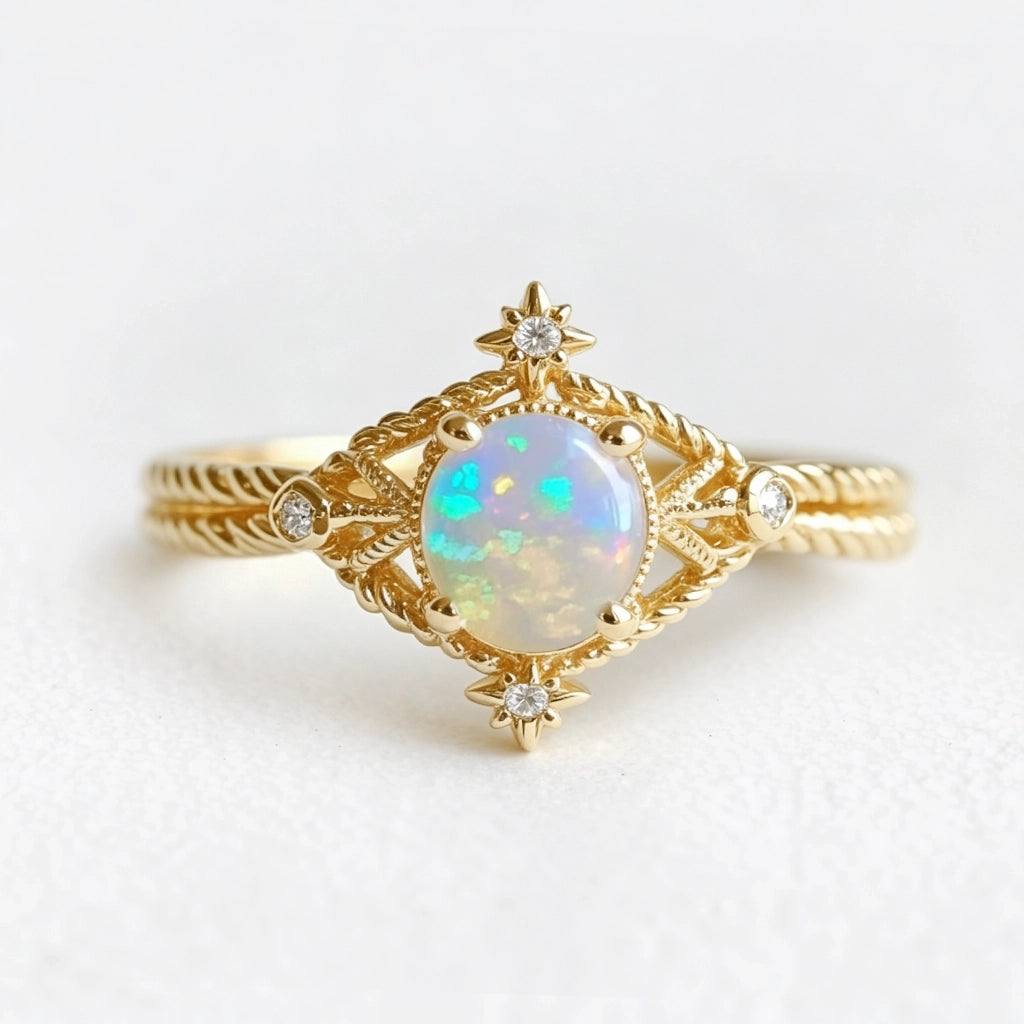Aurora’s Knotwork | Round Opal Engagement Ring with Open Lozenge Weave & Nodes.