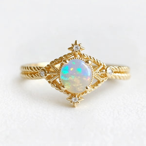 Aurora’s Knotwork | Round Opal Engagement Ring with Open Lozenge Weave & Nodes