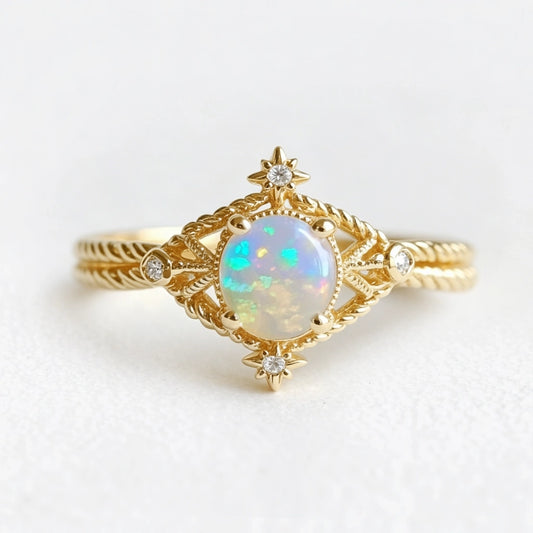 Aurora’s Knotwork | Round Opal Engagement Ring with Open Lozenge Weave & Nodes.