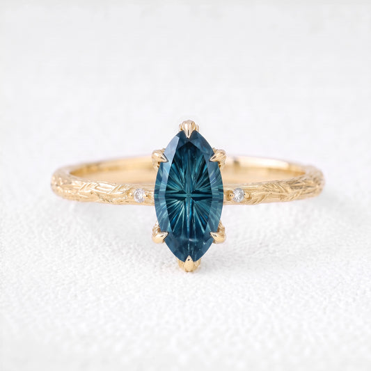 Aurelia’s Vesper | Fantasy-Cut Marquise London Blue Topaz Foliage Filigree Vintage Engagement Ring