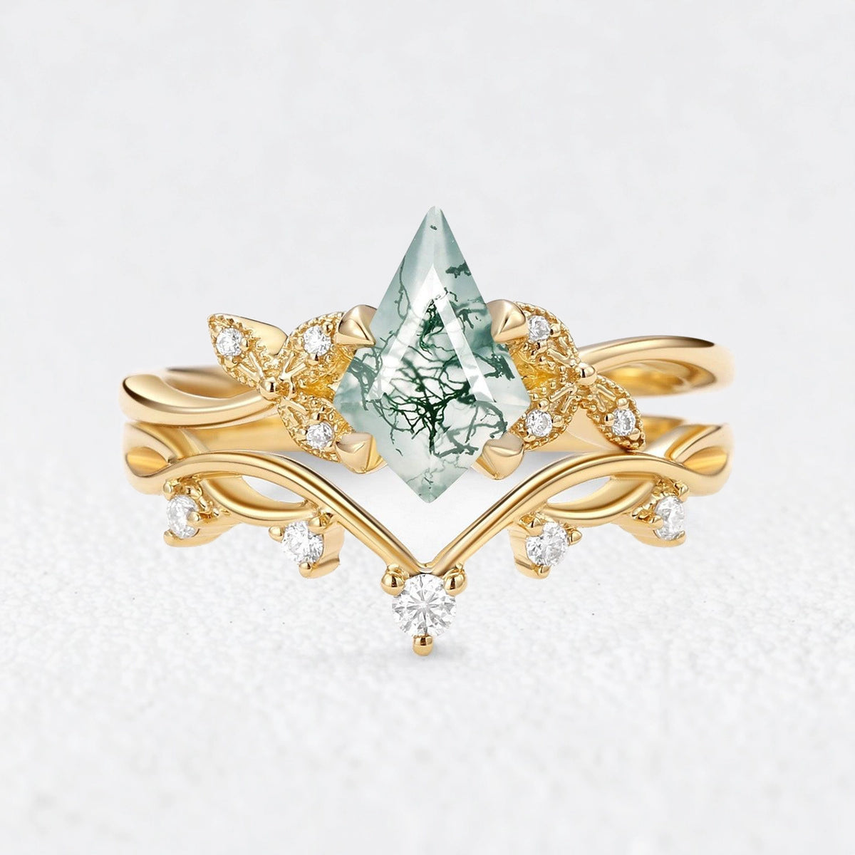 Marguerite’s Foliage | Kite Cut Moss Agate Branch Bridal Duo