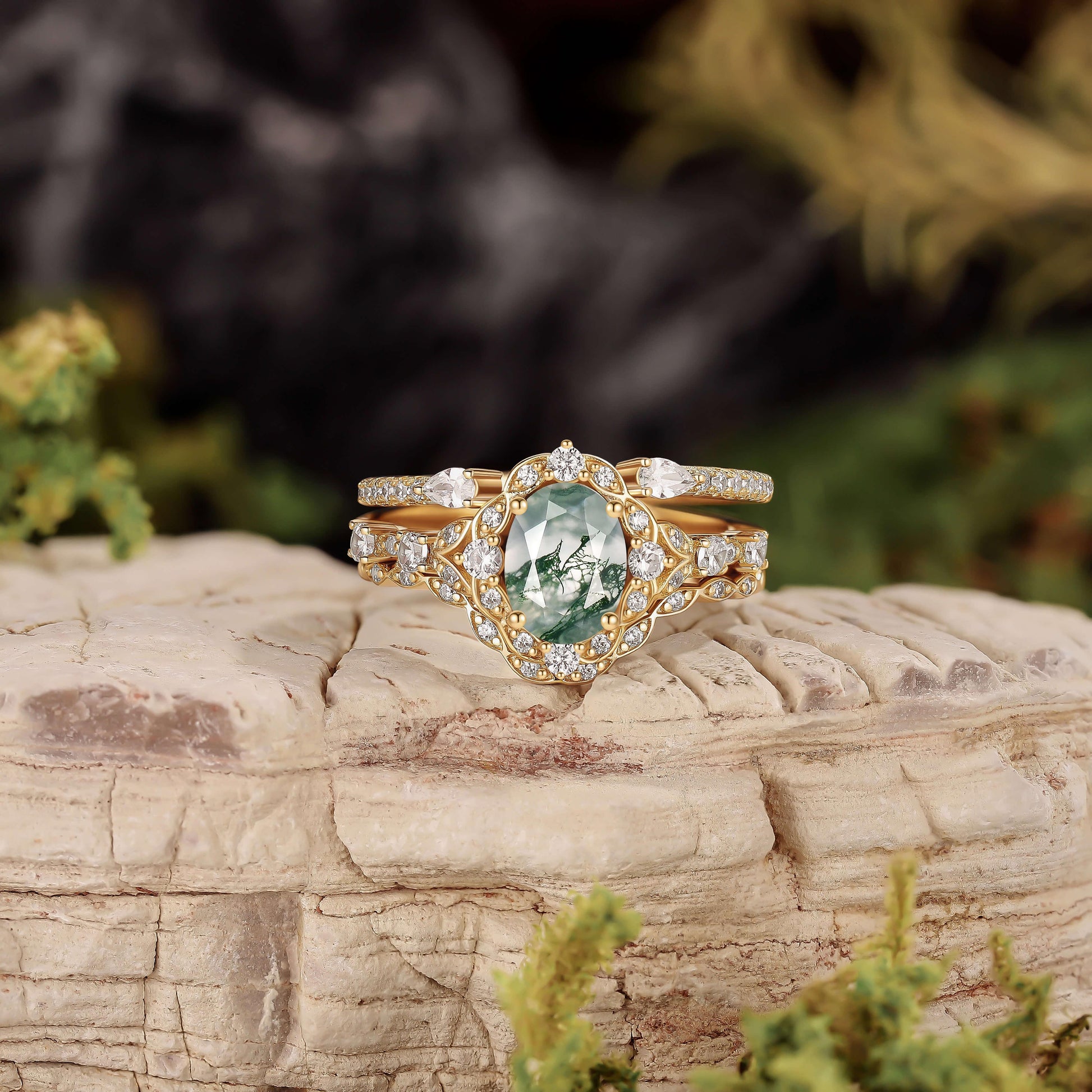 Unique Oval Cut Moss Agate Cluster Engagement Ring Set 3pcs.