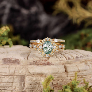 Unique Oval Cut Moss Agate Cluster Engagement Ring Set 3pcs.