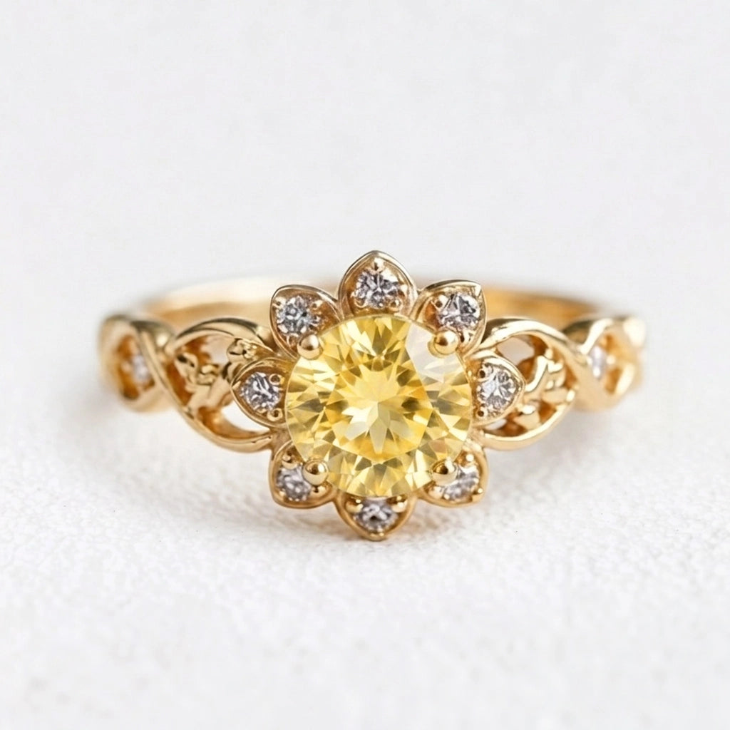 Solara's Petal | Citrine Floral Diamond Halo Ring.