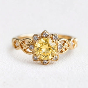 Solara's Petal | Citrine Floral Diamond Halo Ring.