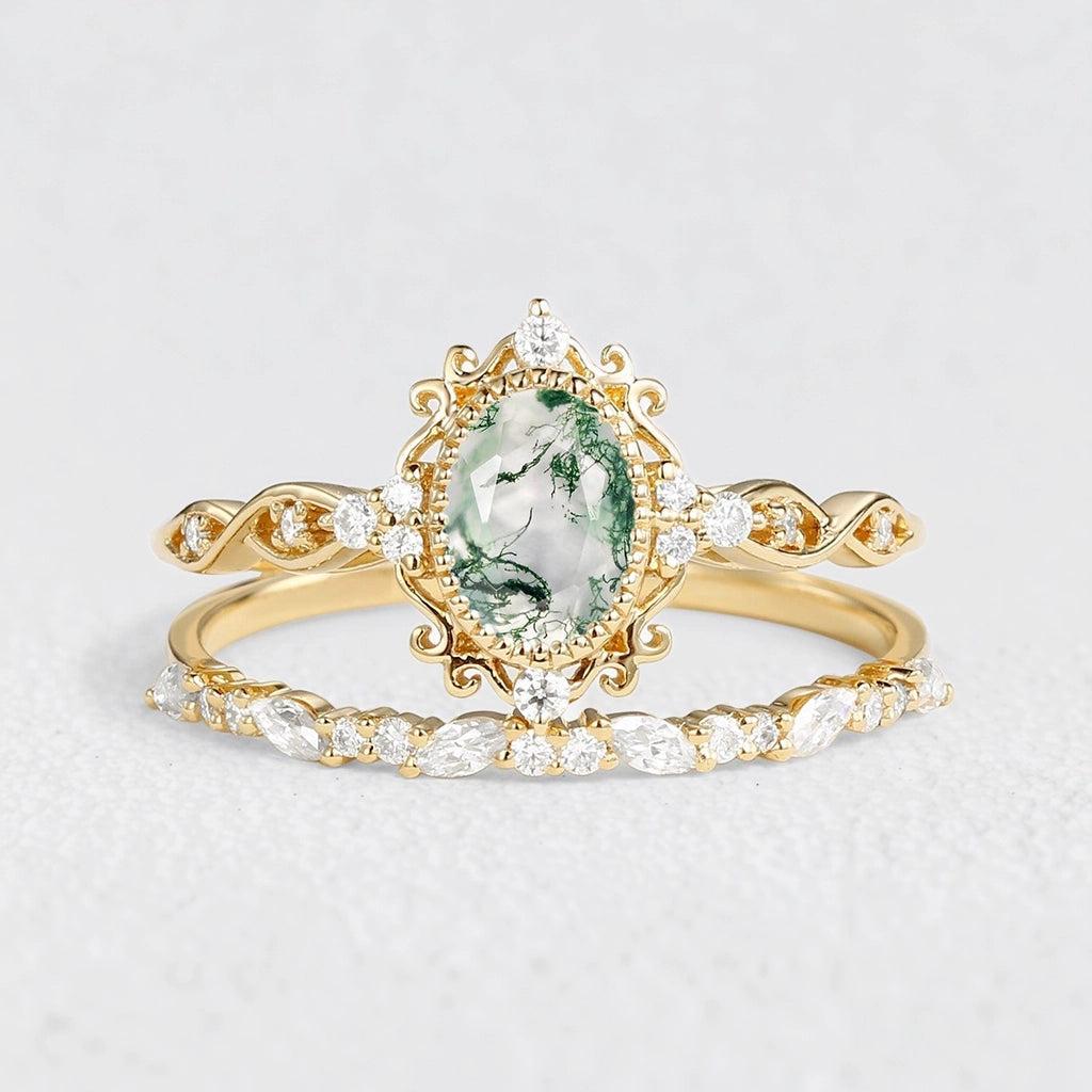 Marguerite’s Garland | Oval Moss Agate Vintage Bridal Set 2pcs