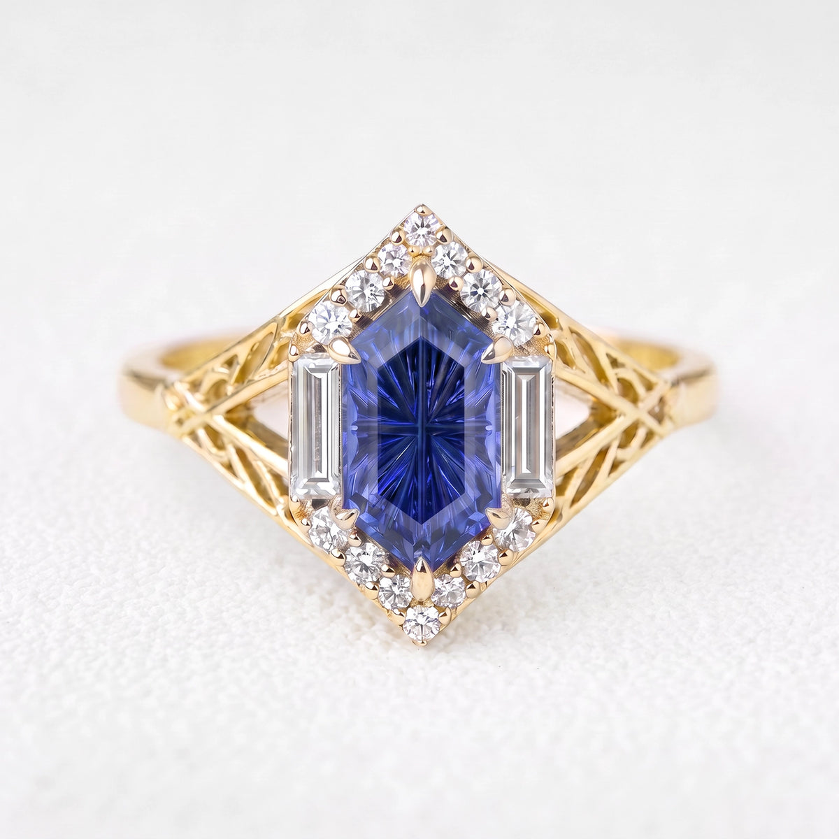 Ariadne’s Diadem | Hexagon Fantasy-Cut Cornflower Sapphire Ajouré Engagement Ring