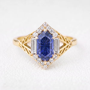 Ariadne’s Diadem | Hexagon Fantasy-Cut Cornflower Sapphire Ajouré Engagement Ring