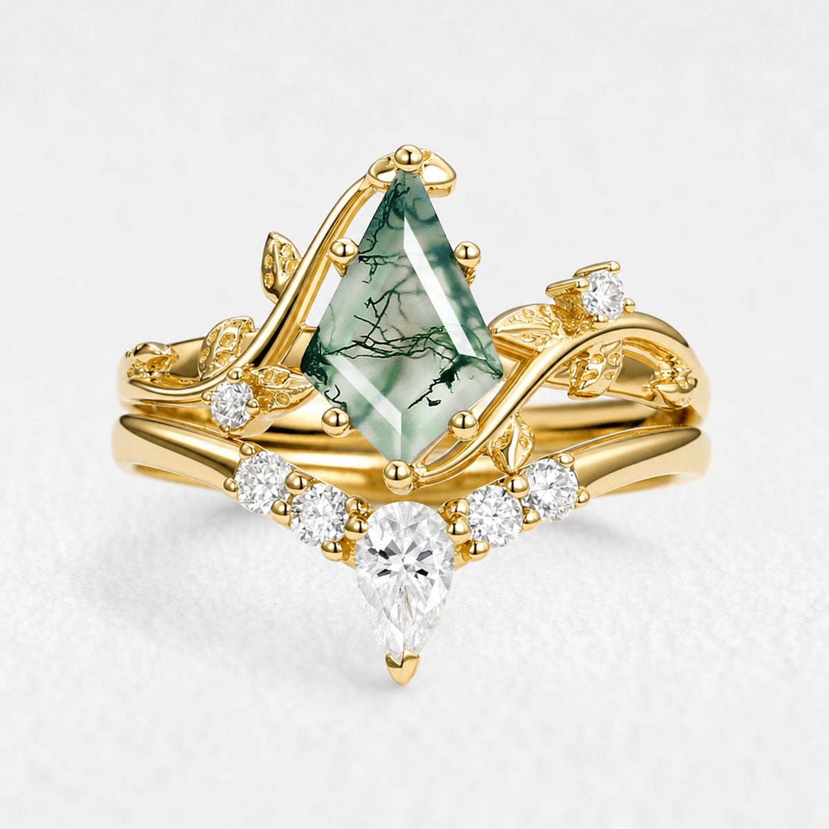 Isolde’s Hollow | Kite Cut Moss Agate Foliage Bridal Duo