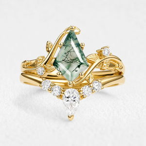 Isolde’s Hollow | Kite Cut Moss Agate Foliage Bridal Duo