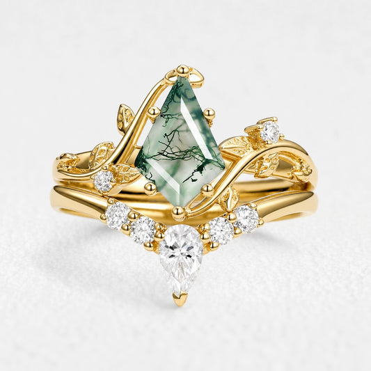Isolde’s Hollow | Kite Cut Moss Agate Foliage Bridal Duo