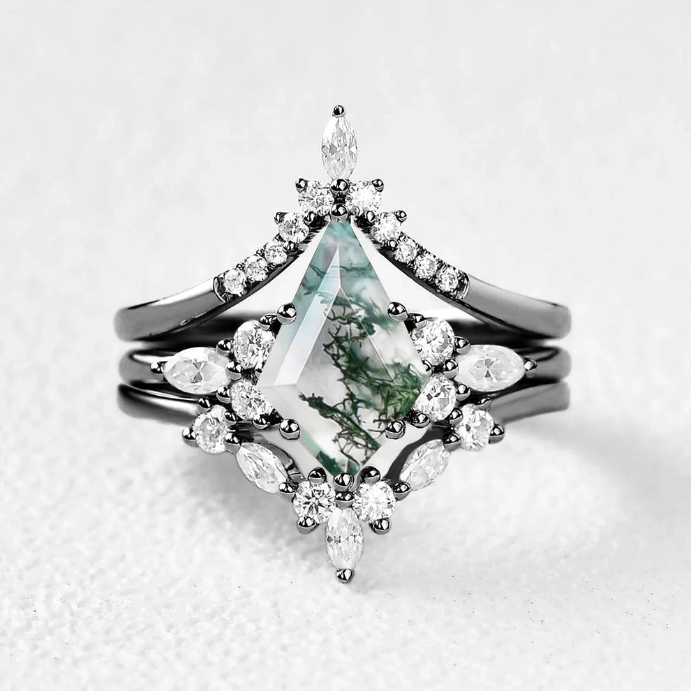 Sylvie’s Shadow | Black Gold Kite Cut Moss Agate Ring Set 3pcs.