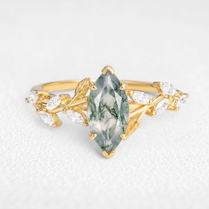 Celandine’s Tendril | Marquise Cut Moss Agate Vine Engagement Ring