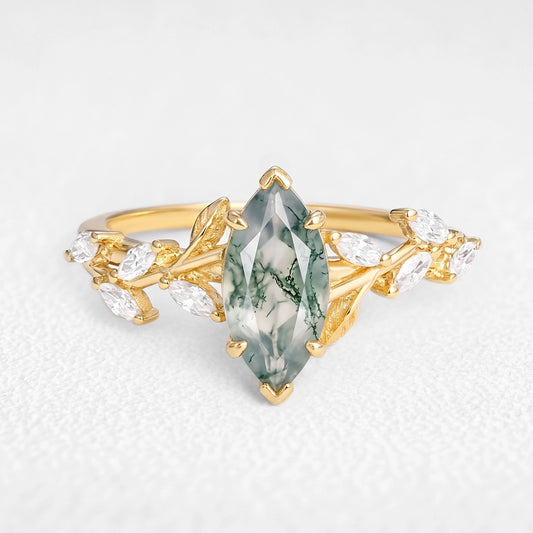Celandine’s Tendril | Marquise Cut Moss Agate Vine Engagement Ring