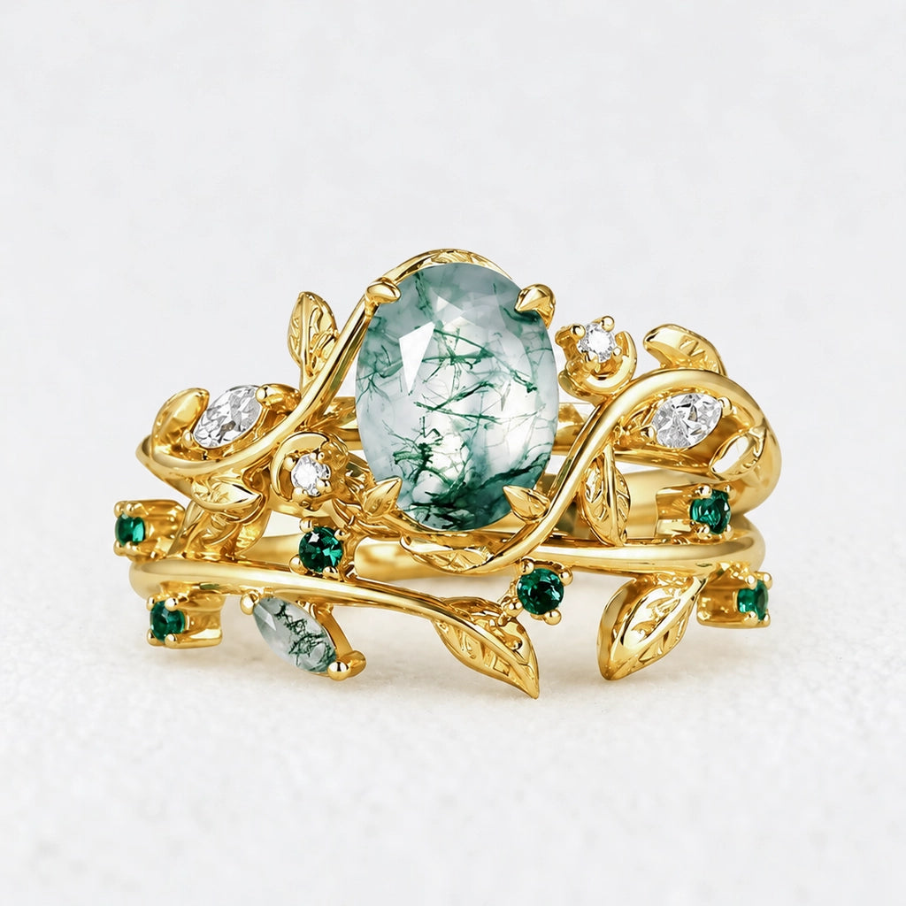 Genevieve’s Verdant | Oval Moss Agate Foliage Vintage Bridal Duo