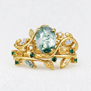 Genevieve’s Verdant | Oval Moss Agate Foliage Vintage Bridal Duo