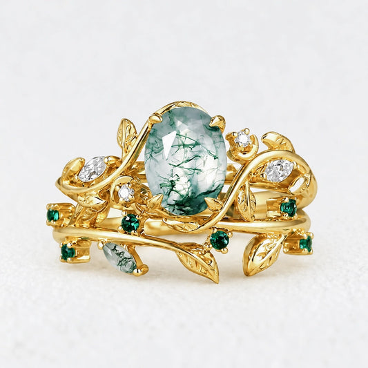 Genevieve’s Verdant | Oval Moss Agate Foliage Vintage Bridal Duo