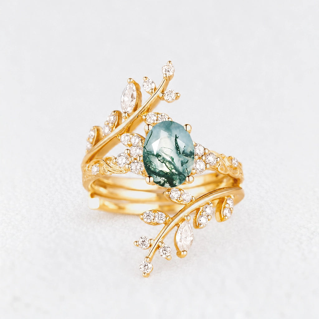 Sylvie’s Thicket | Oval Moss Agate Cluster Leafy Engagement Ring Set 2pcs.