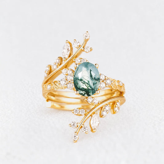 Sylvie’s Thicket | Oval Moss Agate Cluster Leafy Engagement Ring Set 2pcs.