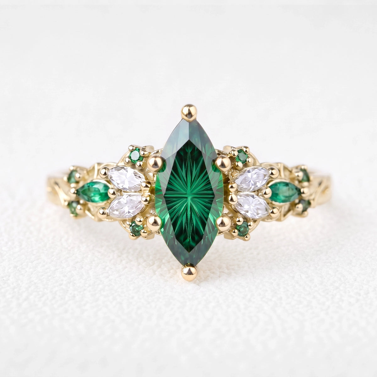 Alexandra’s Diadem | Fantasy-Cut Marquise Emerald Cluster Engagement Ring