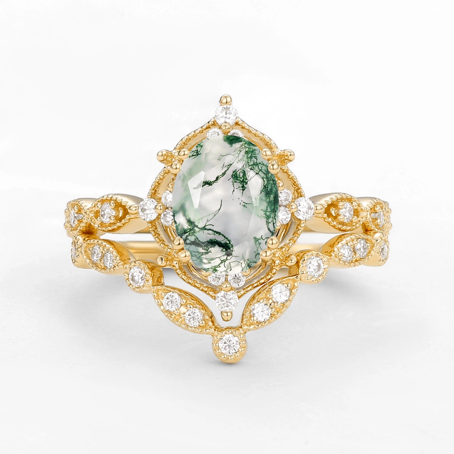 Brynn Oval Moss Agate & Moissanite Classic Ring Set 2pcs.