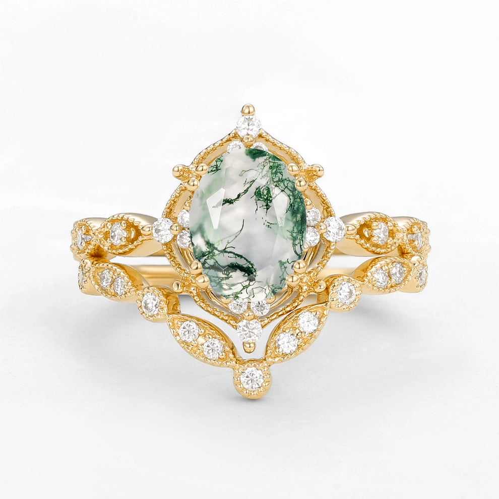 Brynn Oval Moss Agate & Moissanite Classic Ring Set 2pcs.