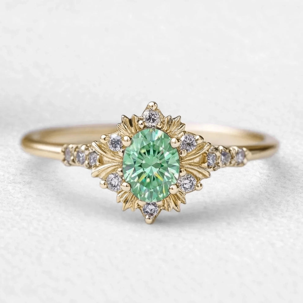 Isolde’s Enchantment | Vintage Oval Green Sapphire Halo Engagement Ring
