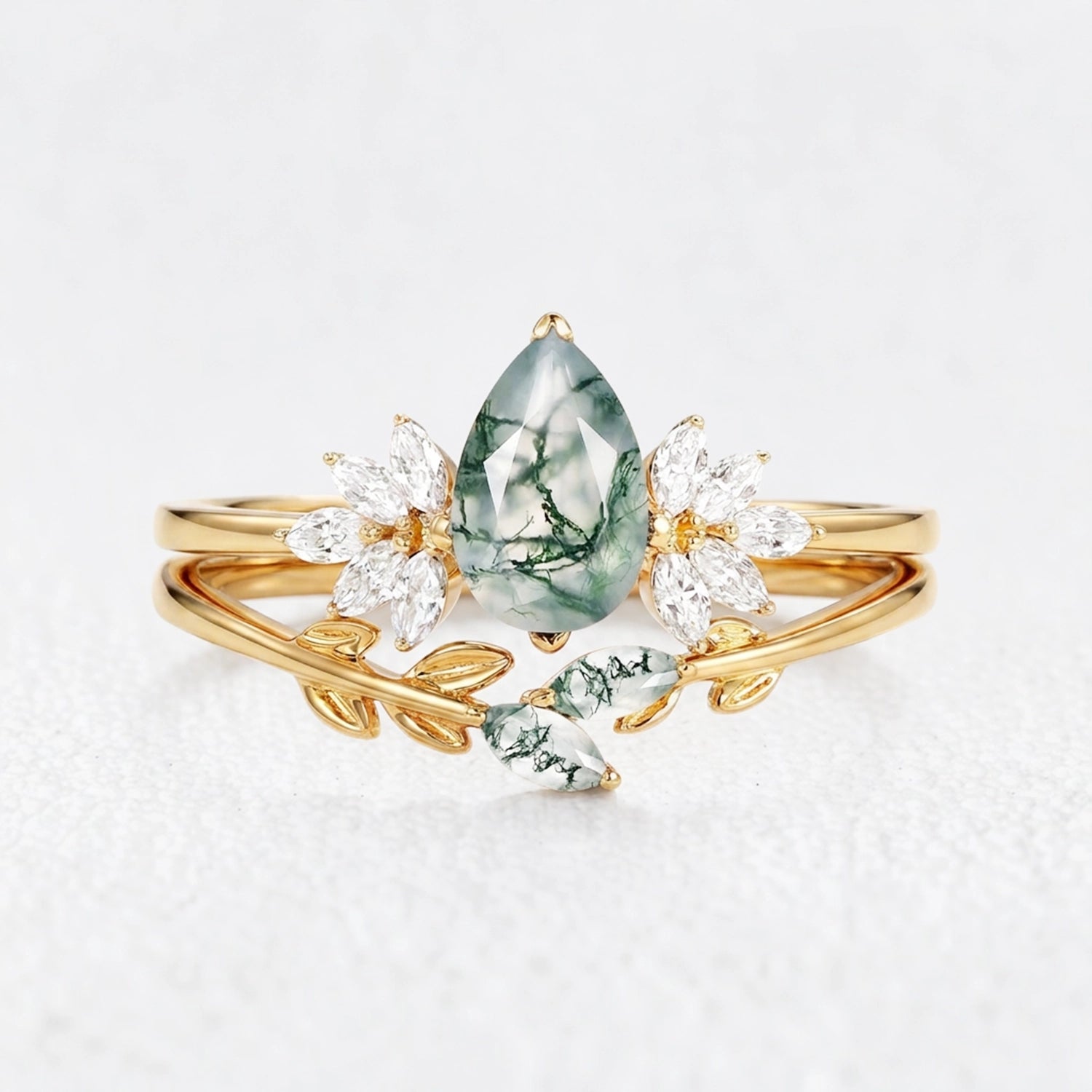 Daphne’s Verdure | Pear Cut Moss Agate Foliage Bridal Duo