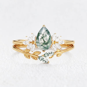 Daphne’s Verdure | Pear Cut Moss Agate Foliage Bridal Duo