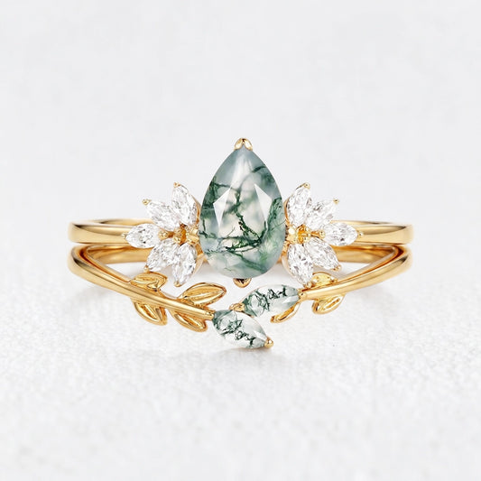 Amayah Pear Cut Moss Agate Leafy Forest Elves Engagement Ring Set 2pcs