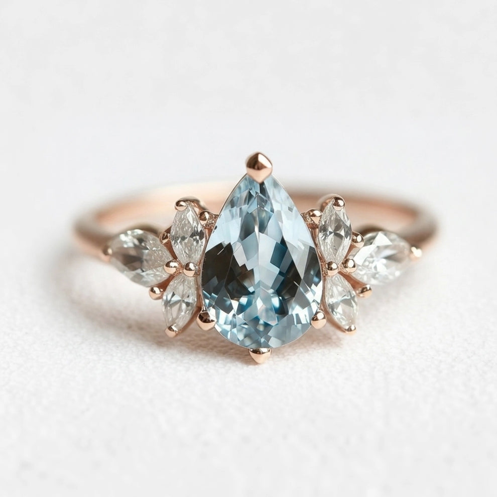 Nerida’s Tear | Pear Cut Aquamarine Classic Engagement Ring.