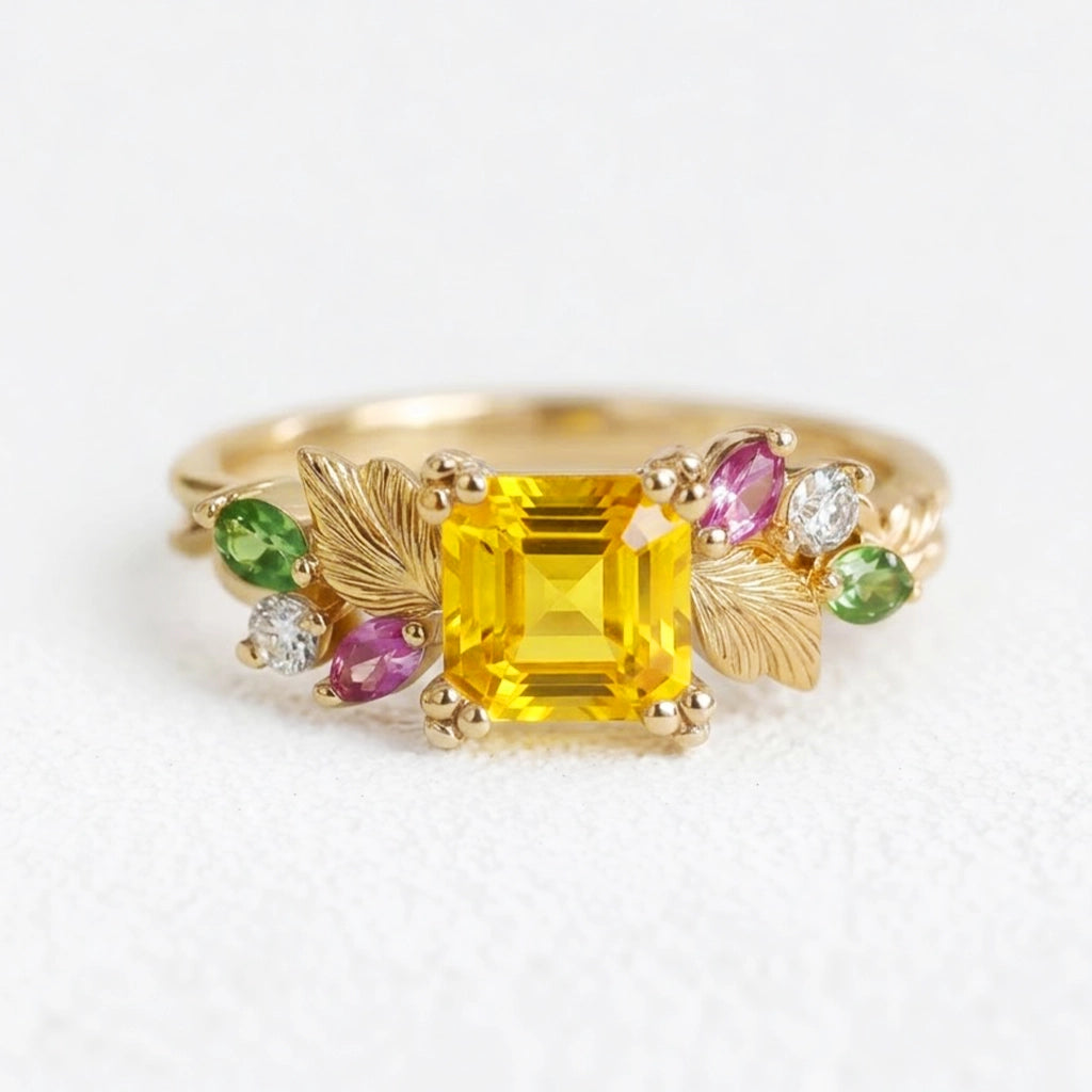 Flora’s Honey | Yellow Asscher Cut Tourmaline Leafy Engagement Ring.