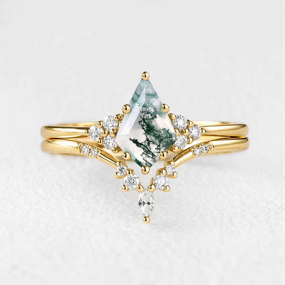Cassandra’s Glade | Kite Cut Moss Agate & Chevron Bridal Duo