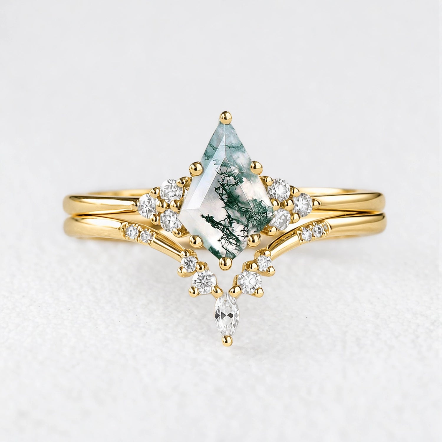 Cassandra’s Glade | Kite Cut Moss Agate & Chevron Bridal Duo