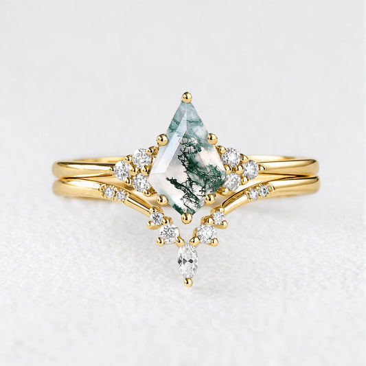 Cassandra’s Glade | Kite Cut Moss Agate & Chevron Bridal Duo